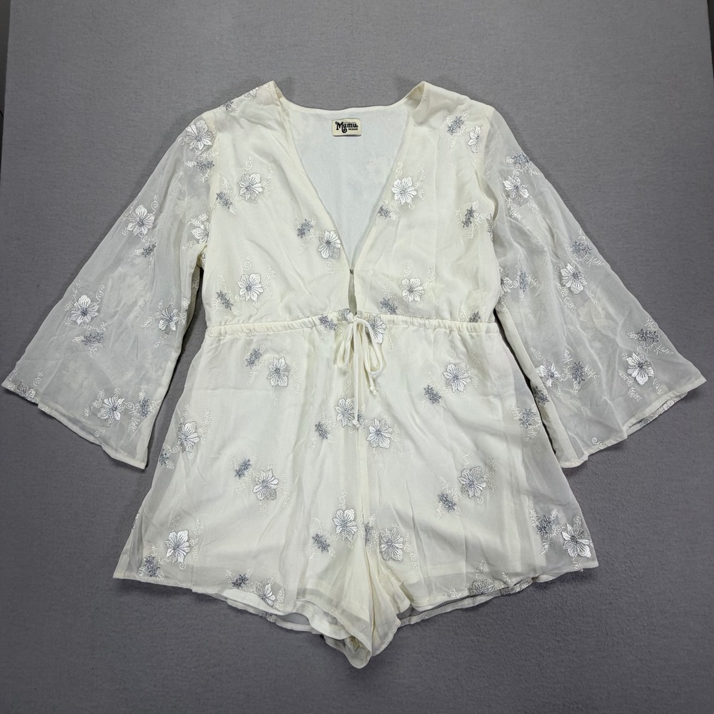 Show Me Your Mumu Roxy Romper Womens Medium Ivory Excellent Embroidered Floral - Picture 2 of 11